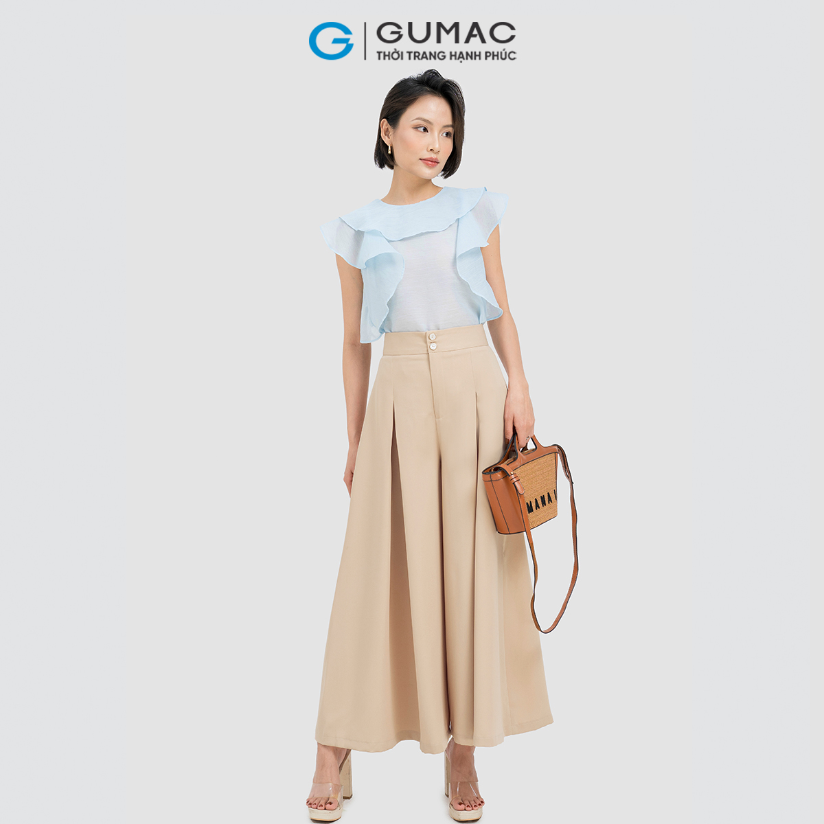 Quần dài nữ ống rộng phối ly thanh lịch tôn dáng thời trang GUMAC QD04025