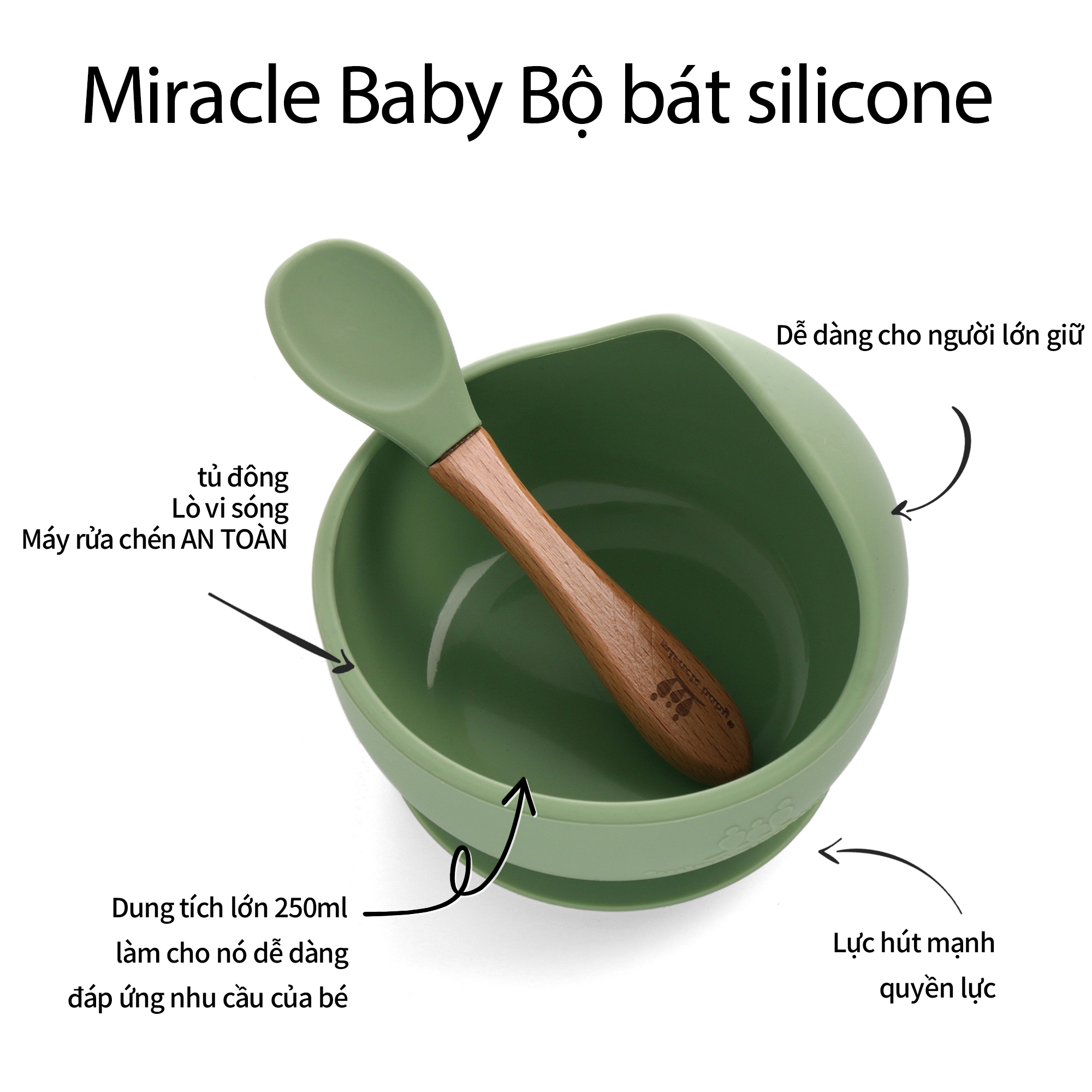 Chén ăn dặm silicone Miraclebaby và muỗng phù hợp dành bé trai, bé gái trên 5 tháng tuổi