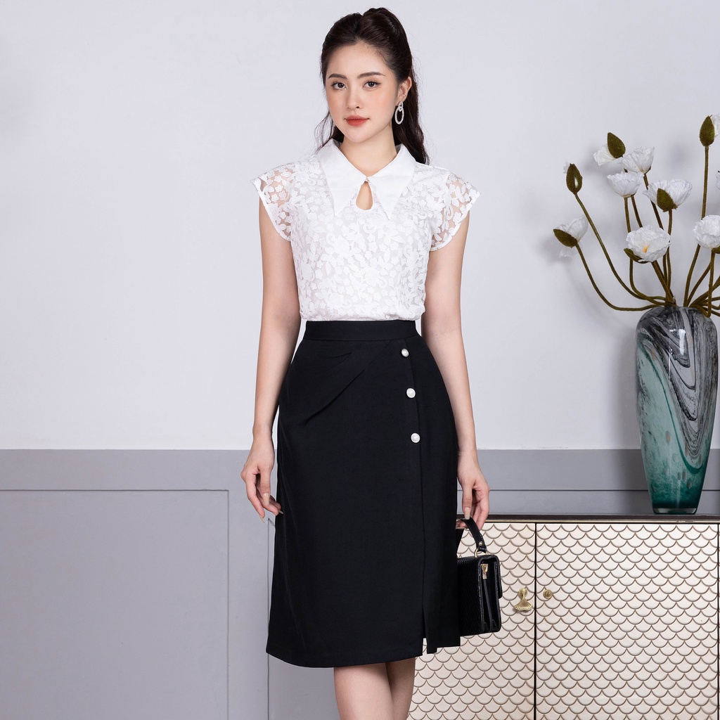 Áo sơ mi ren nữ ngắn tay thời trang thiết kế UK Fashion phong cách Hàn Quốc vải không nhăn màu trắng màu kem NKSM2206014