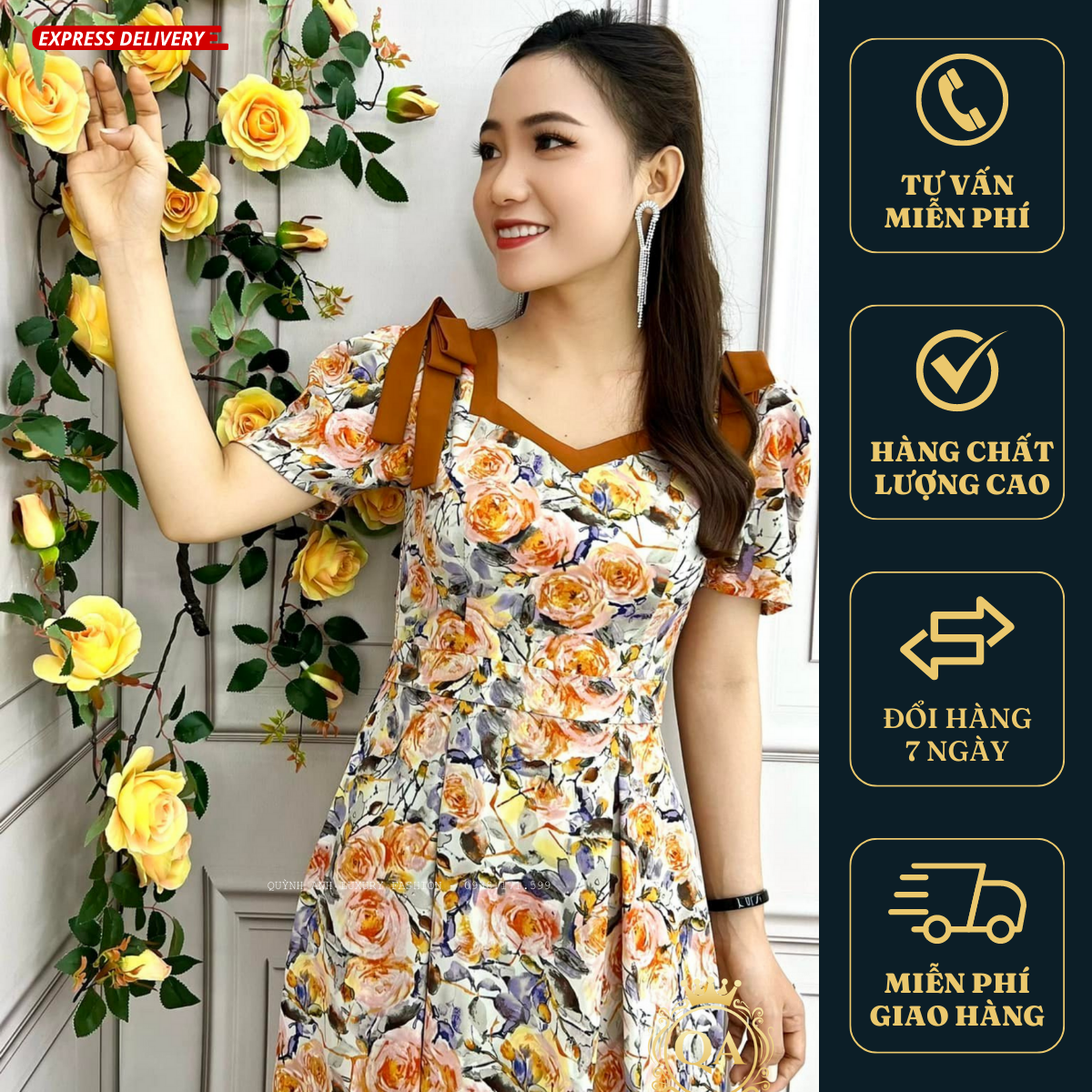 Đầm xoè hoa cam nơ cổ chữ V