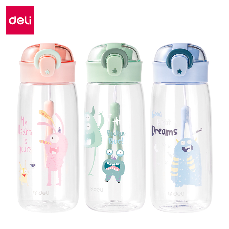 Bình Nước Bằng Nhựa Tritan Nắp Bật 480 600 ml Có Chia Vạch Nước Họa Tiết Dễ Thương Deli - BPA Free An Toàn Cho Sức Khỏe - Phù Hợp Bình Nước Thể Thao Cho Bé Tới Trường - 17661 17662