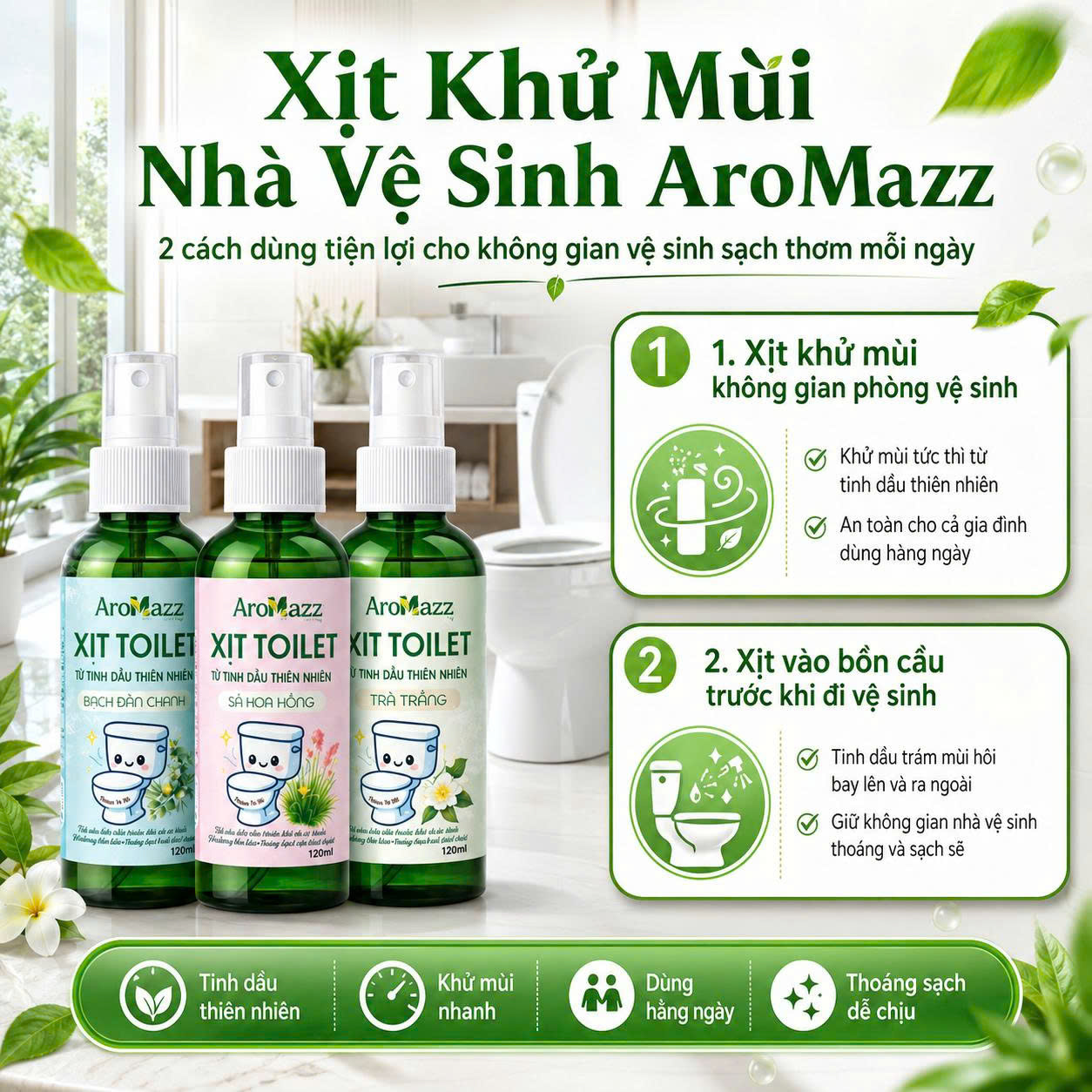 (Combo 3) Xịt Toilet Trước Khi Đi Vệ Sinh AroMazz, Xịt Khử Mùi  Nhà Vệ Sinh Từ Tinh Dầu Thiên Nhiên An Toàn Cho Gia Đình Dùng Hàng Ngày 120ml