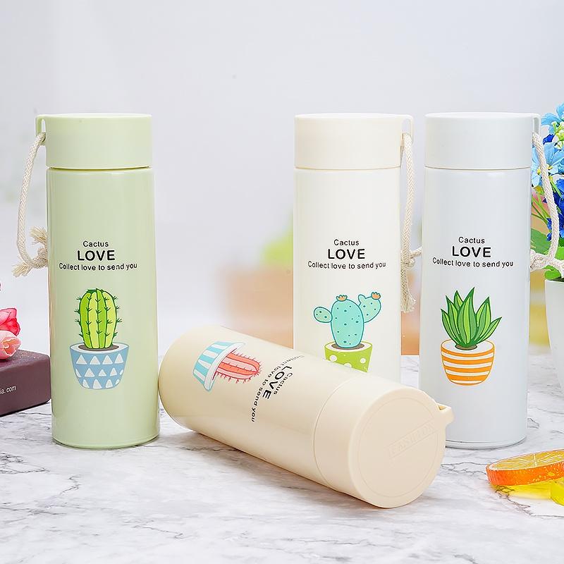 Bình đựng nước lõi thủy tinh bọc vỏ nhựa họa tiết xương rồng cute dung tích 400ml