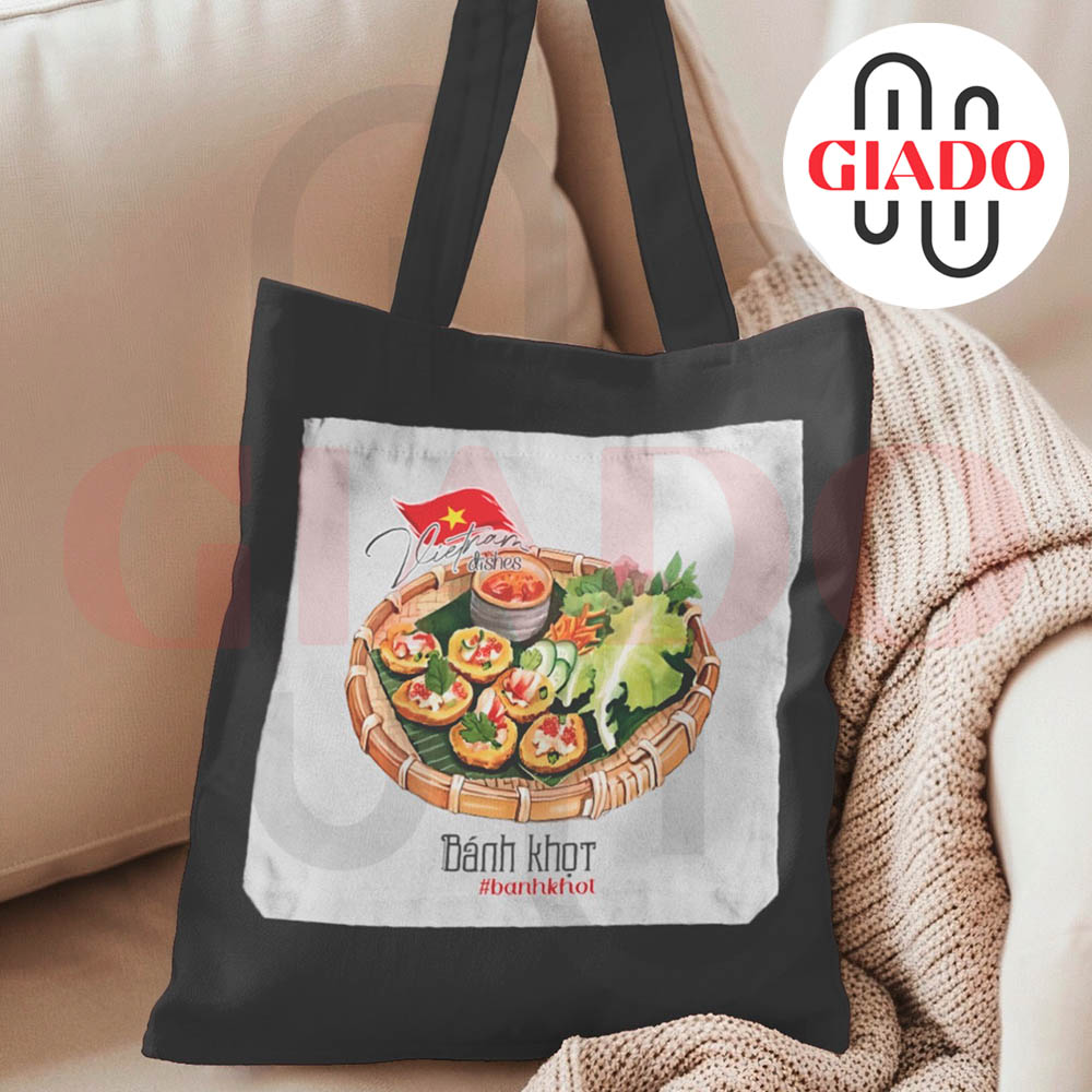 Túi canvas GIADO, túi canvas đen, túi tote in hình món ăn Việt Nam mẫu Bánh khọt