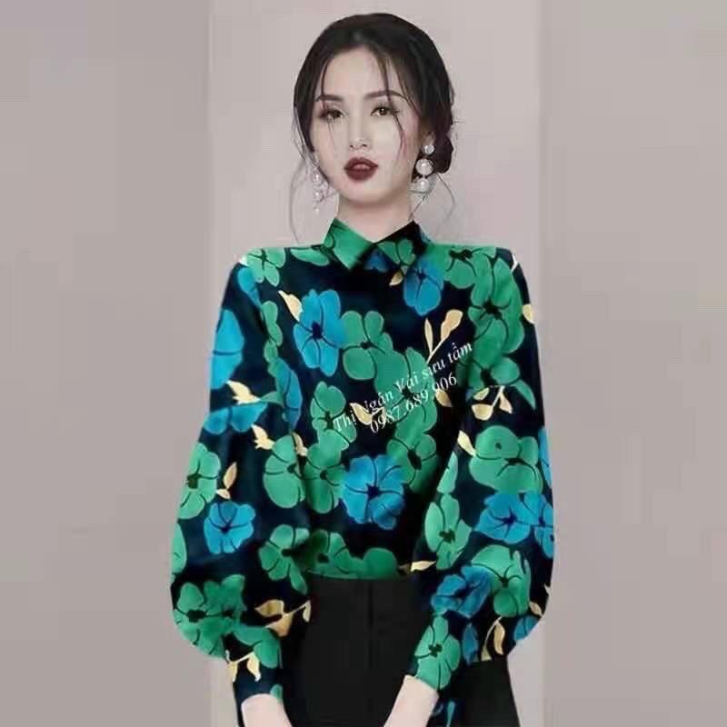 Áo sơ mi lụa Satin tay bồng hoa xanh dáng suông