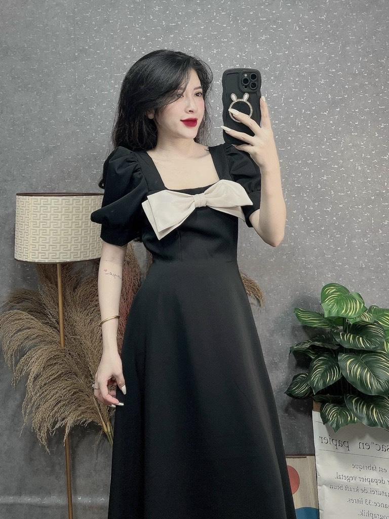 ĐẦM MIDI NƠ NGỰC PHỐI MÀU  14489