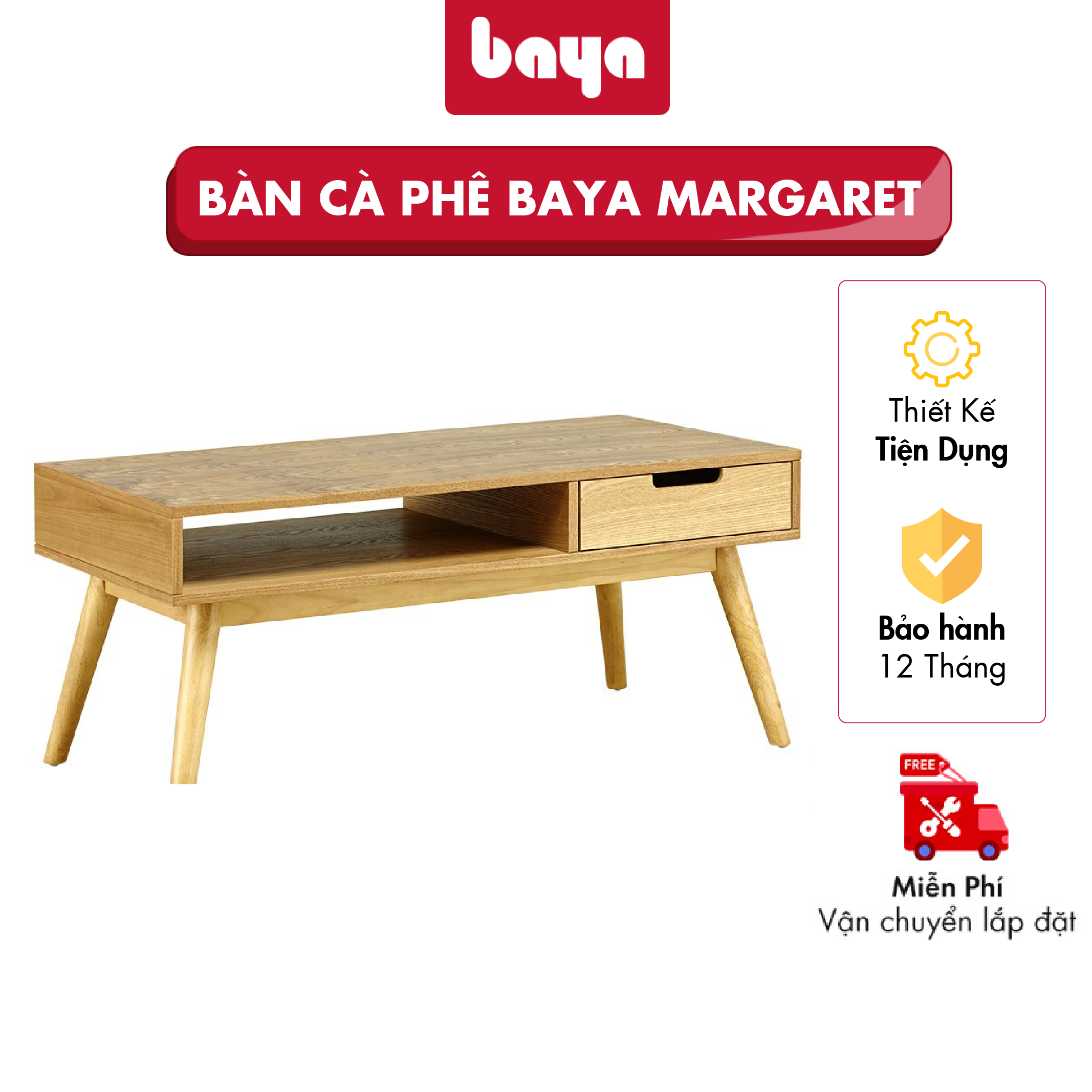 Bàn Cà Phê Phòng Khách BAYA MARGARET Màu Gỗ Tự Nhiên Thiết Kế Đơn Giản Với 1 Hộc Kéo Và 1 Ngăn Rỗng Phù Hợp Lưu Trữ Đồ Dùng Tiết Kiệm Diện Tích 1018875