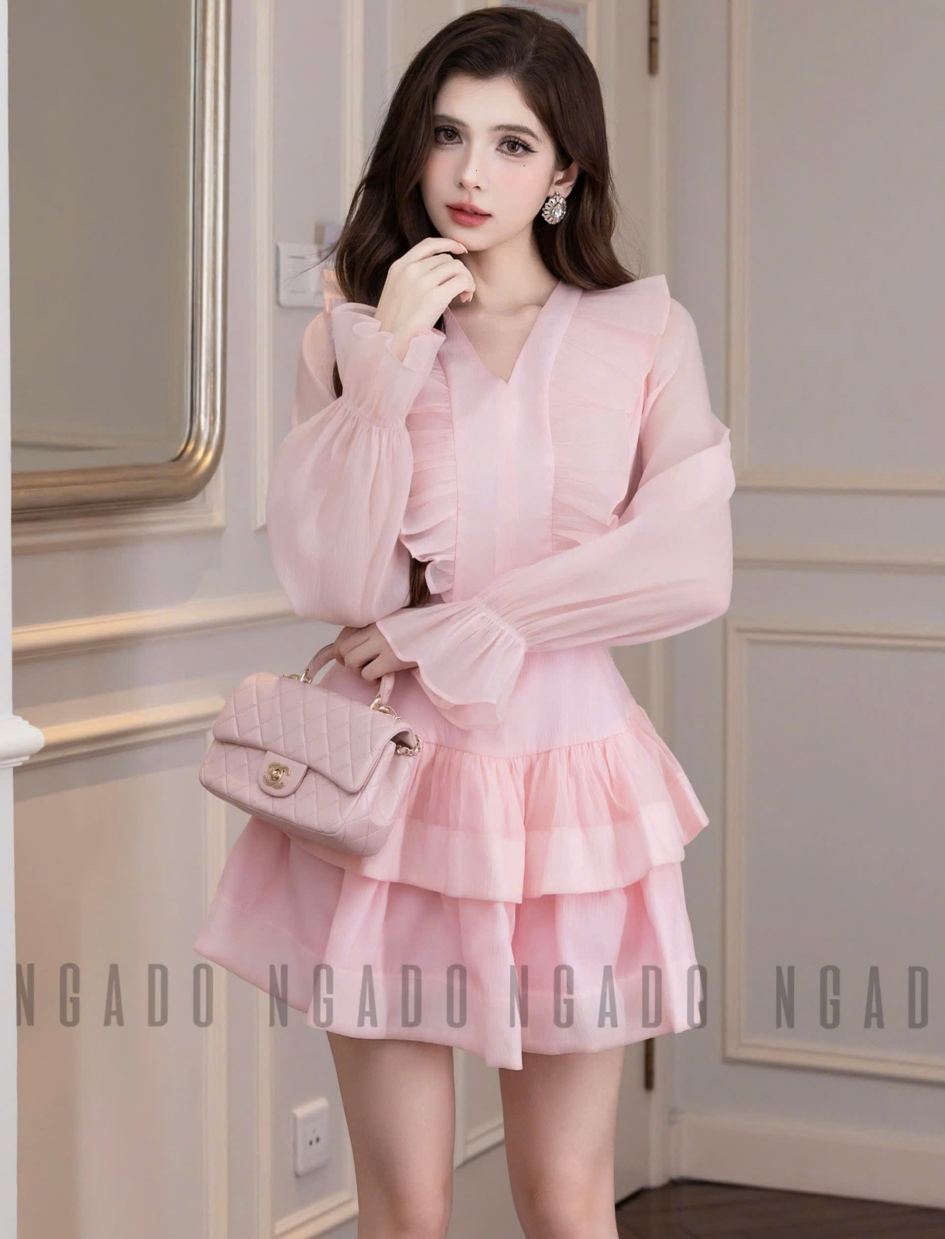 Đầm hồng tay voan NGADO , đầm voan , đầm nữ , đầm dự tệc, dạo phố