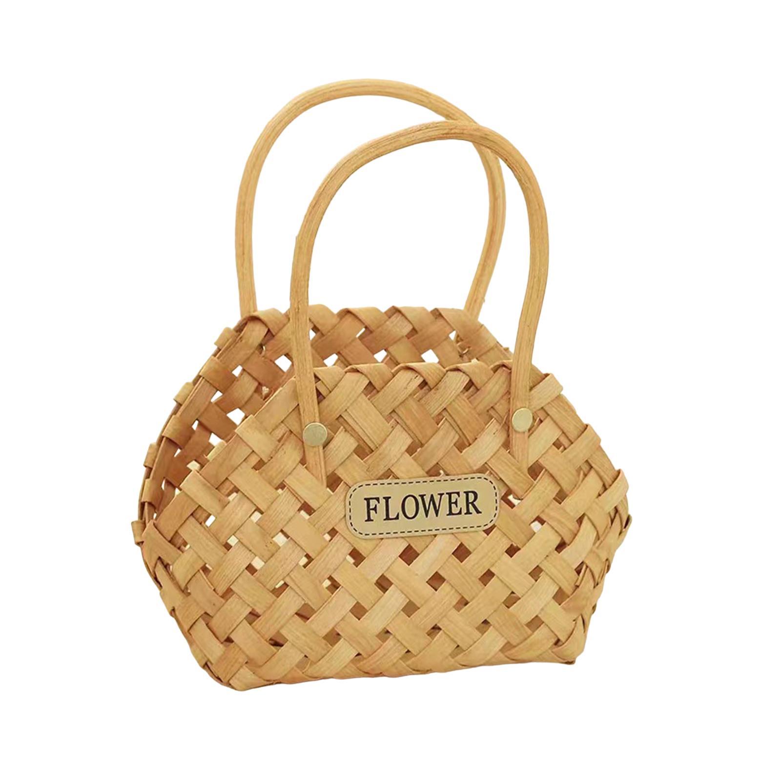 Pastoral Basket Storage Basket with Handle Handmade Wood Basket Storage Serving Basket for Flower Wedding Outdoor Camping Countertop