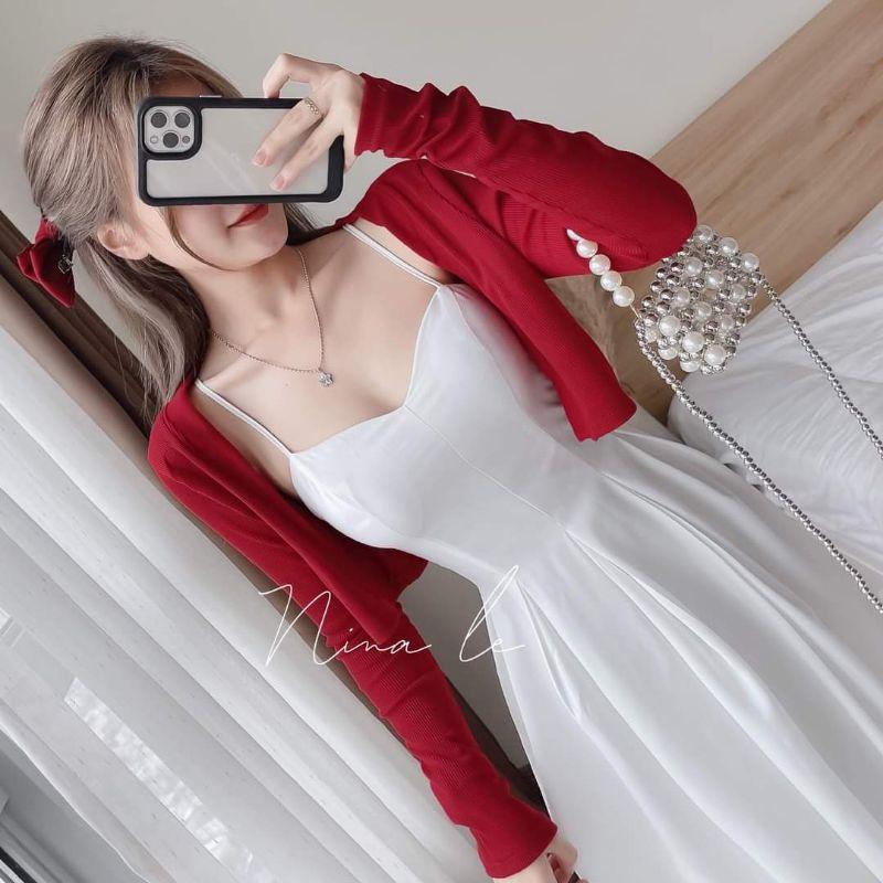 SET ĐẦM XẾP LY 2S VỚI ÁO KHOÁC ĐỎ CROPTOP