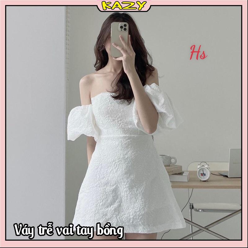 Váy trễ vai tay bồng, Váy xốp trắng trễ vai KAZY STORE V009