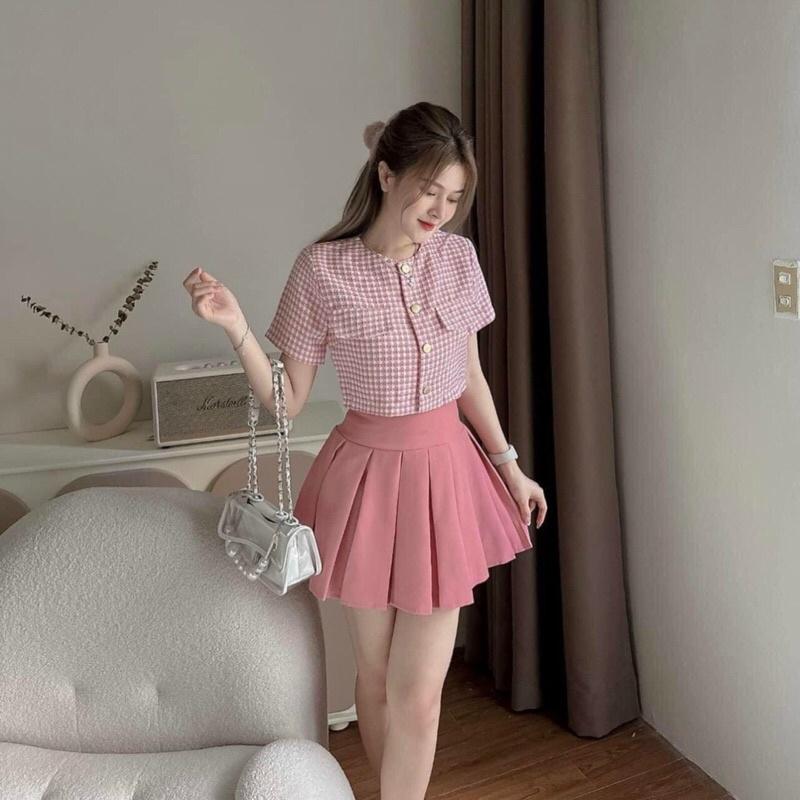 SÉT CHÂN VÁY PHỐI ÁO BỐ KIM CROPTOP TAY NGẮN NHIỀU MÀU