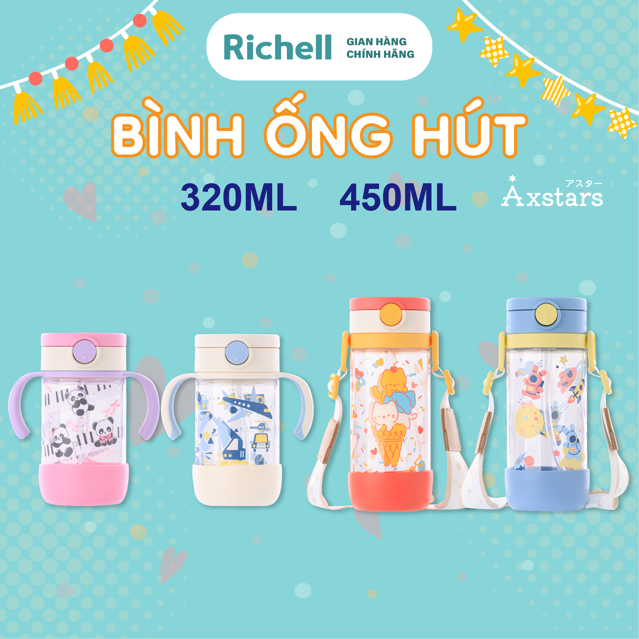 Bình ống hút Richell AXSTARS chất liệu tritan có bọc đế bình | Baby