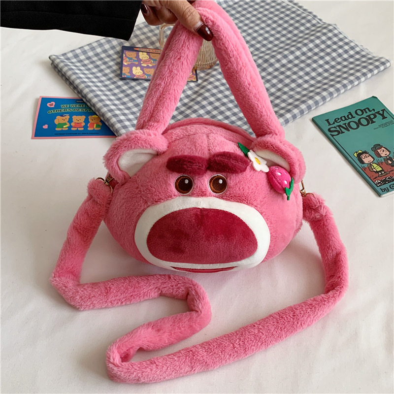 Túi Gấu Dâu Lotso Size Lớn Dây Nhung, Túi Gấu Bông Gòn Đeo Chéo