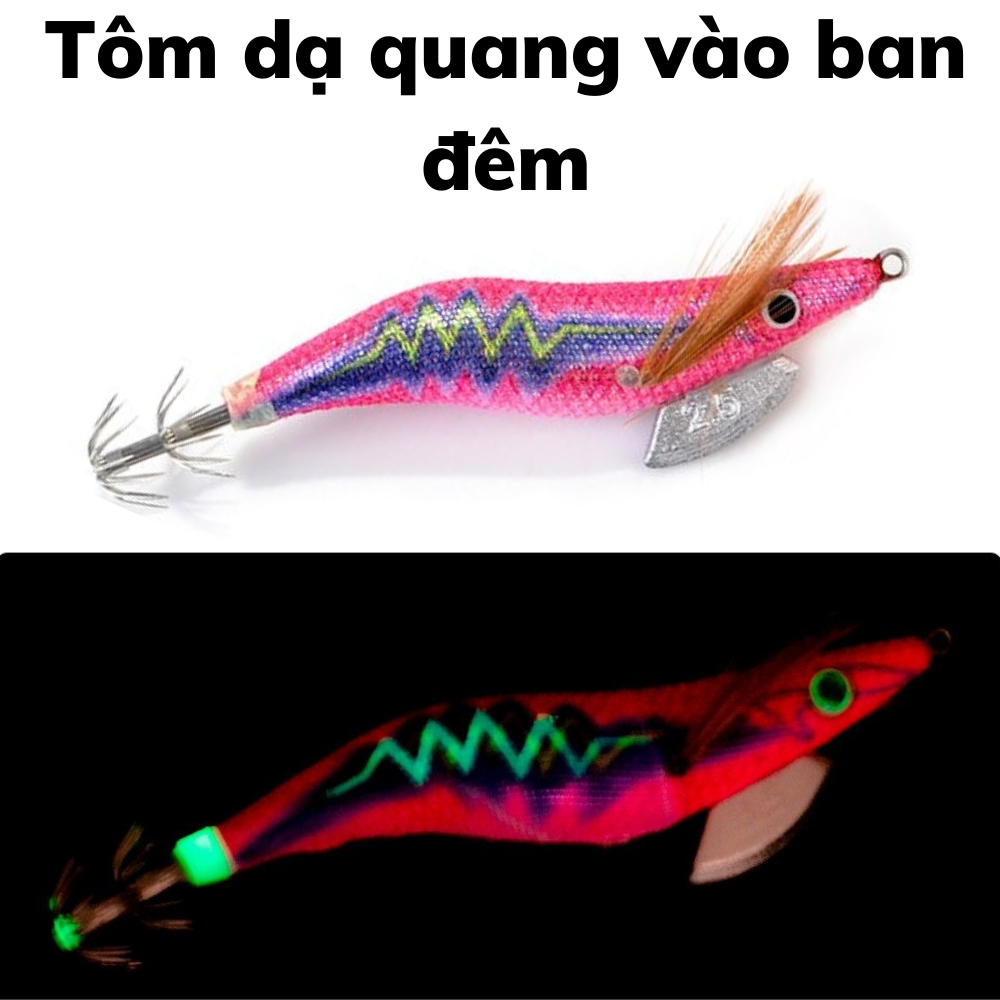 Tôm giả câu mực dạ quang size 2.5 loại fish king nặng 12gam dài 10cm , mồi câu mực lá ống bạch tuộc biển ban đêm hiệu quả, moi gia cau muck hang an gia re