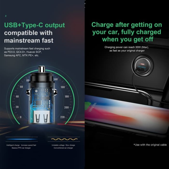 Tẩu sạc nhanh CCALL-AS01 đa năng 2 cổng USB và Type C dùng cho ô tô, xe hơi nhãn hiệu Baseus Circular Plastic A+C, công suất 30W - Hàng Nhập Khẩu