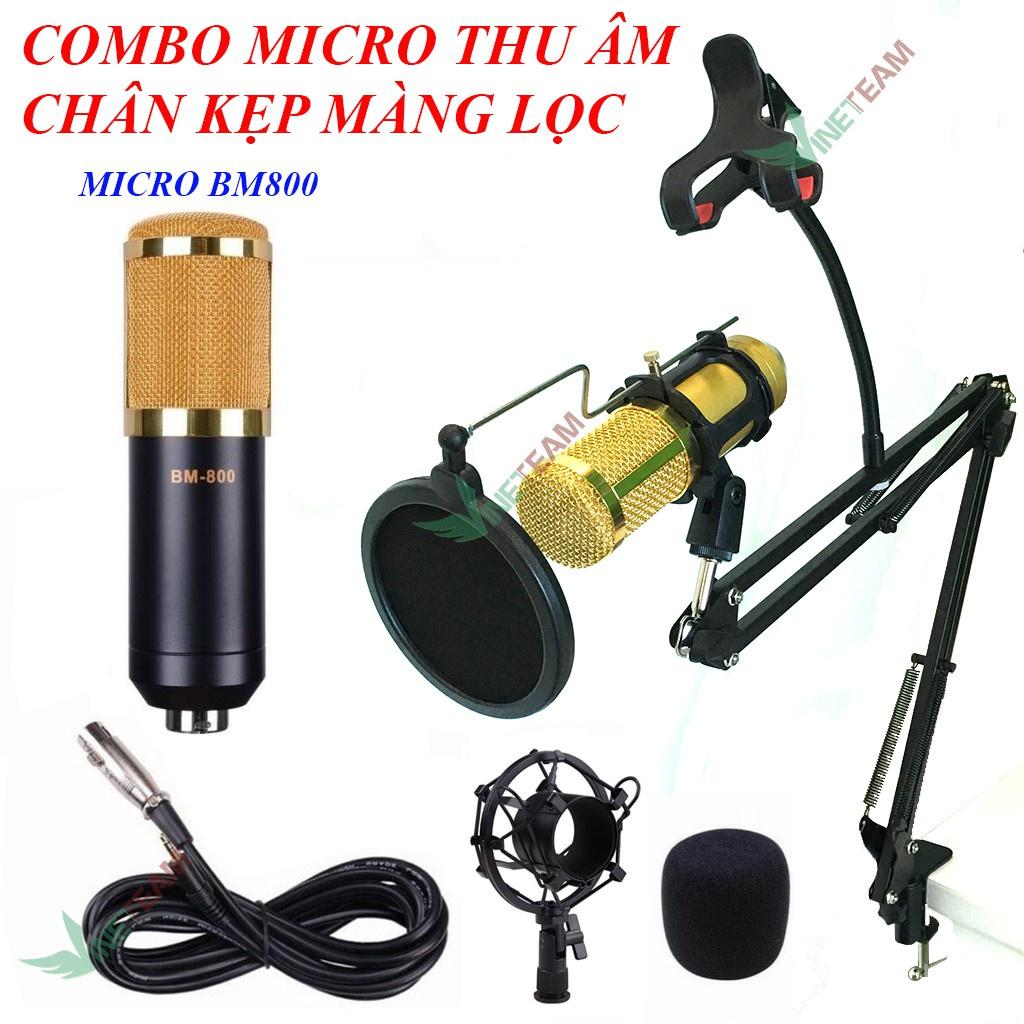 Combo Micro Thu Âm BM800 + Chân micro kẹp bàn + Màng lọc âm thanh+giá đỡ điện thoại -dc2343+dc4240