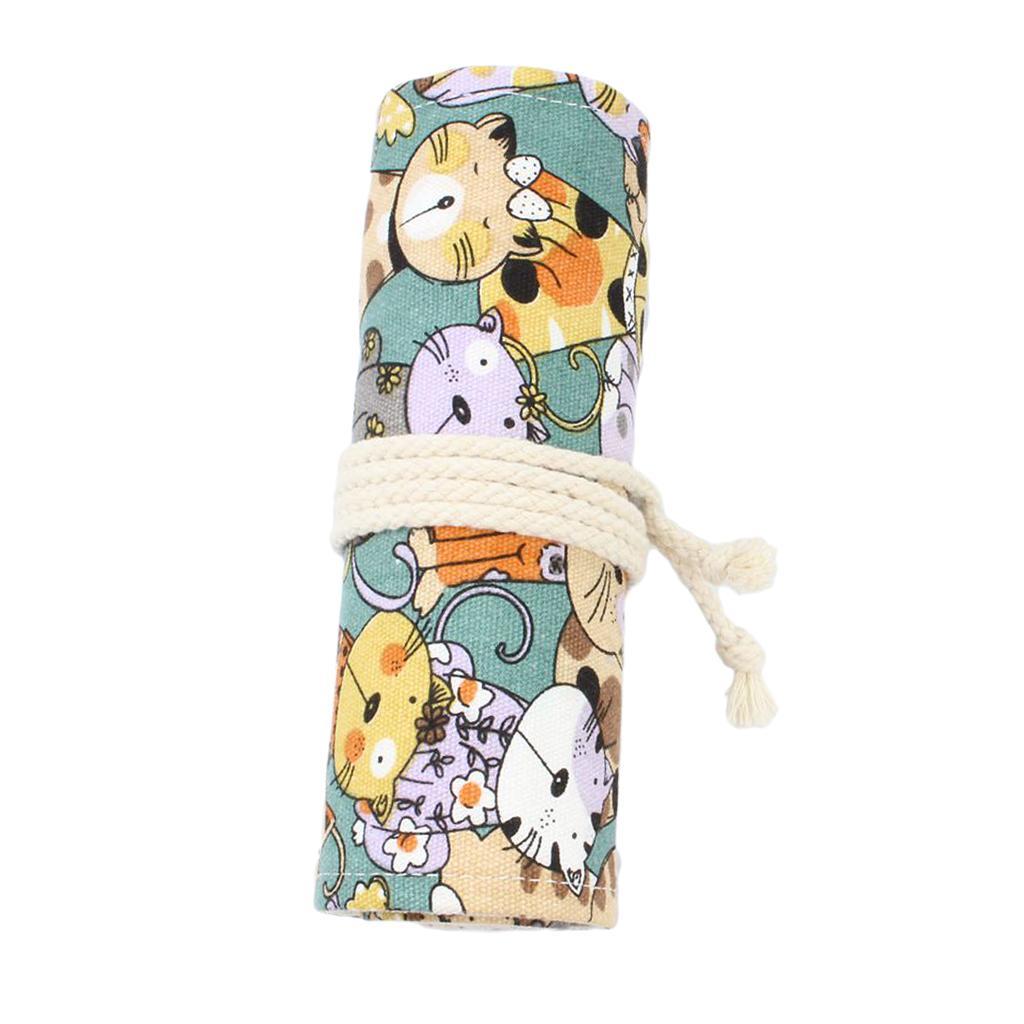 Canvas Pencil Wrap Roll up Case Hold for 36 Colored Pencils, Travel Carrying Organizer Holder,Great for Kids Adult - Cat Patterns