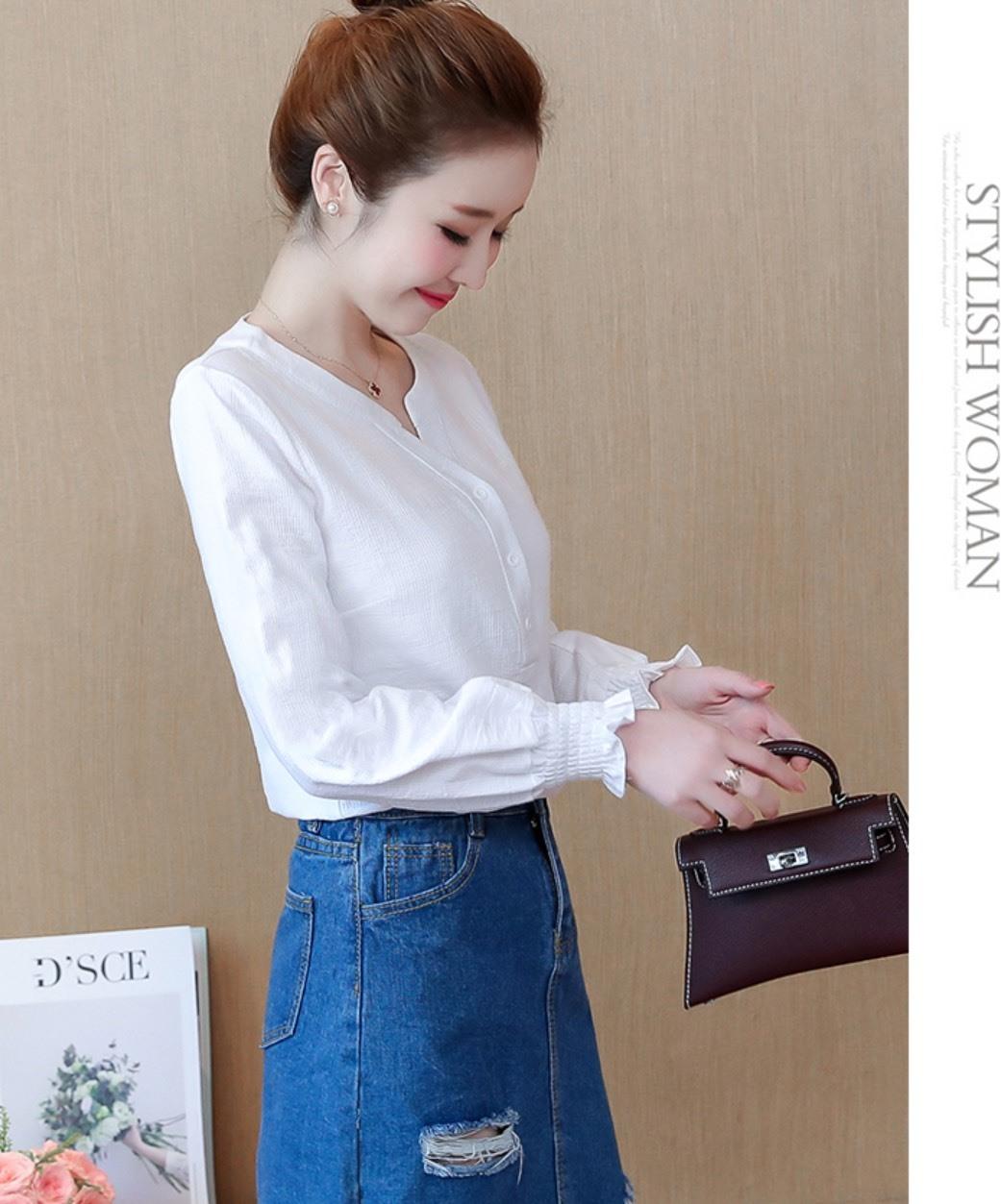 Áo Sơ Mi Nữ Áo Nữ Áo Kiểu Áo Cổ Tròn Xẻ V Cài Nút - N601