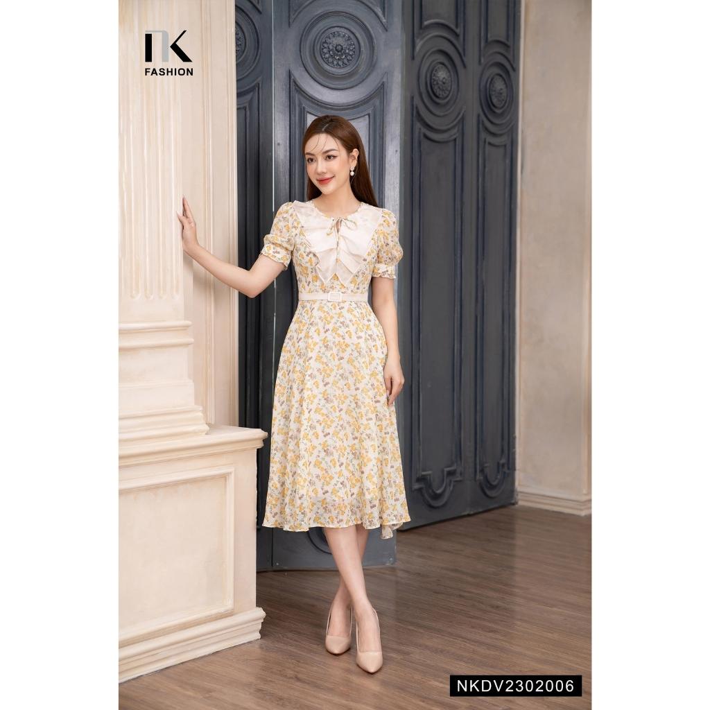 Đầm Hoa NK FASHION Thiết Kế Đai Bọc Cổ Phối Bèo Điệu Đà Thanh Lịch Chất Vải Nhập Hàn Cao Cấp NKDV2302006