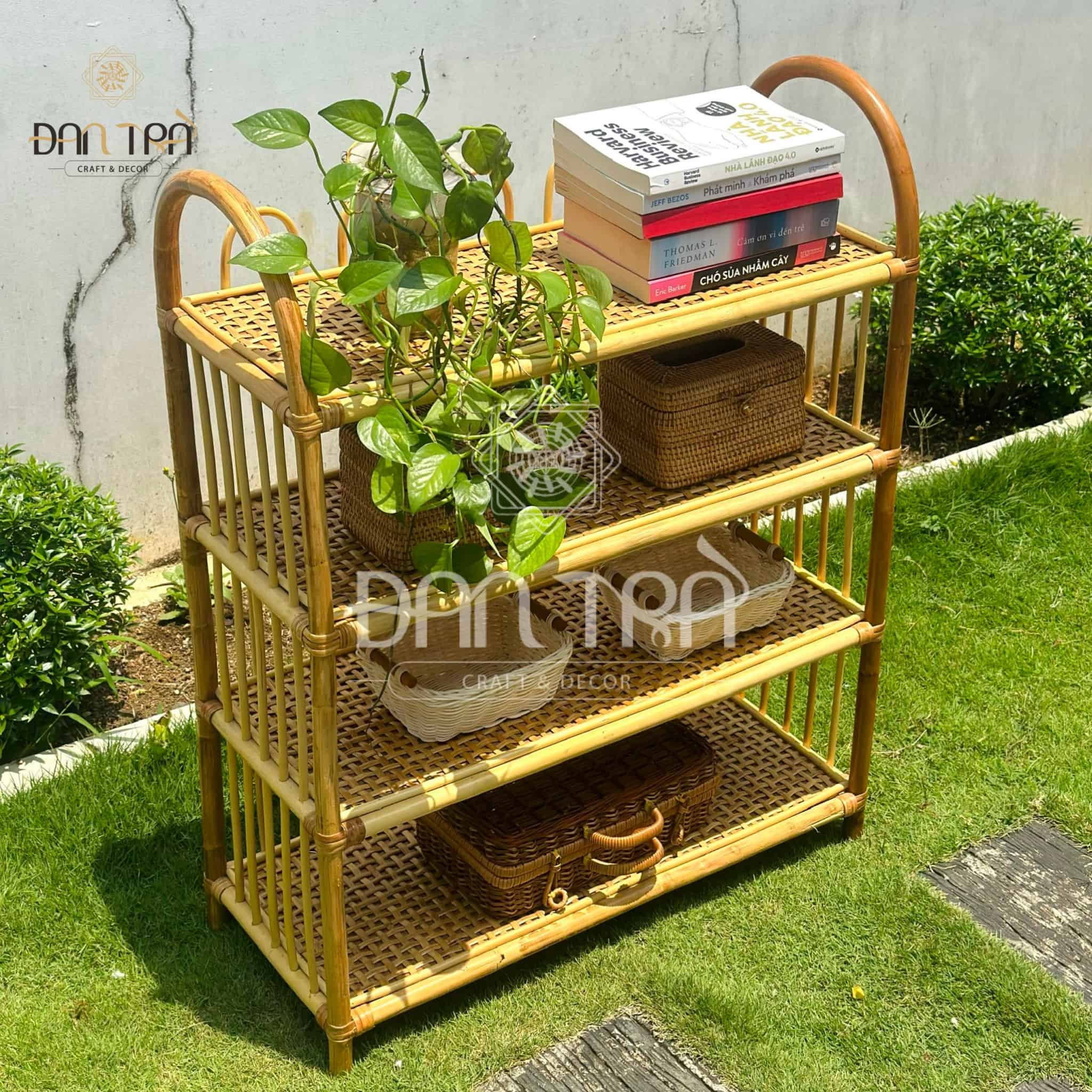 Kệ Tủ Mây Tre Đan Trà- Kệ Mây 4 Tầng- Kệ Mây Đựng Sách- Nội Thất Mây Tre Đan Trà