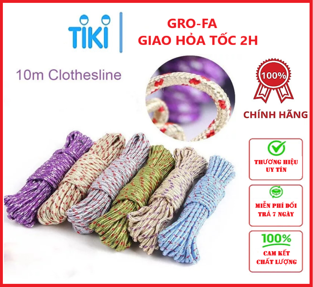 Dây Dù 10m Dùng Để Phơi Quần Áo , Cắm Trại Du Lịch Dã Ngoại GroFa ( Giao màu ngẫu nhiên)