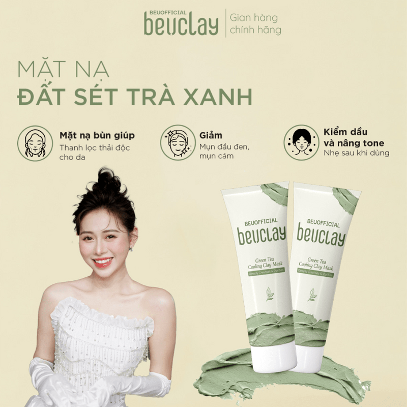 Mặt nạ bùn đất sét BEUCLAY trà xanh sáng da, se khít lỗ chân lông, kiểm soát dầu, ngăn ngừa mụn cám mụn đầu đen