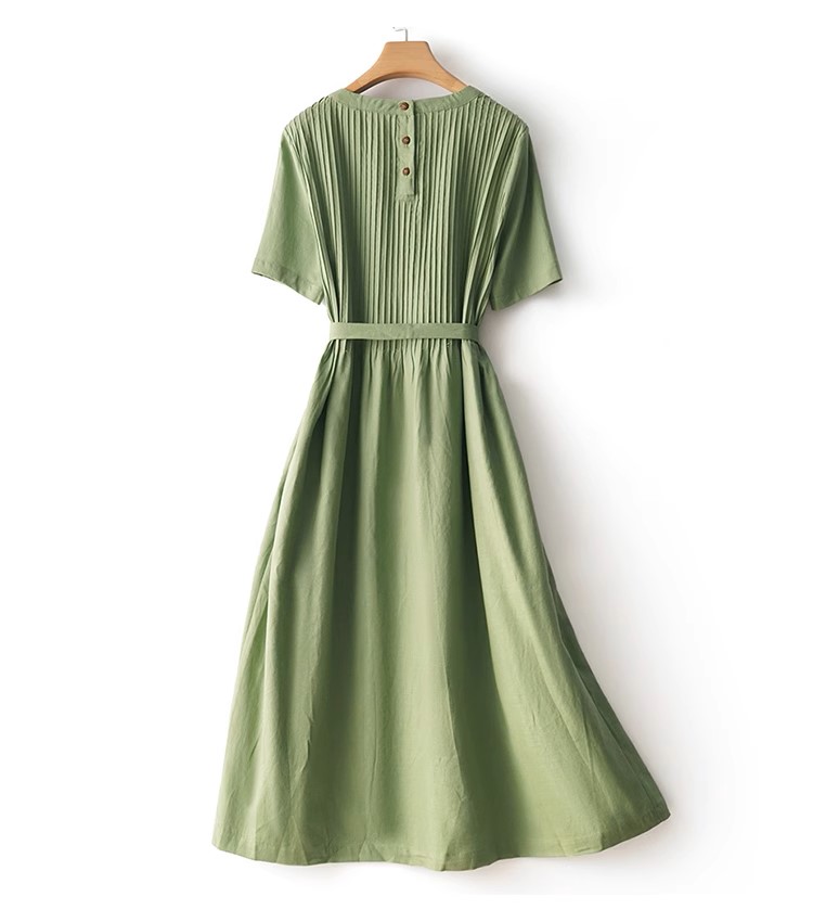 Đầm suông tay ngắn cổ tròn thiết kế xếp li tinh tế vải Linen tự nhiên cao cấp