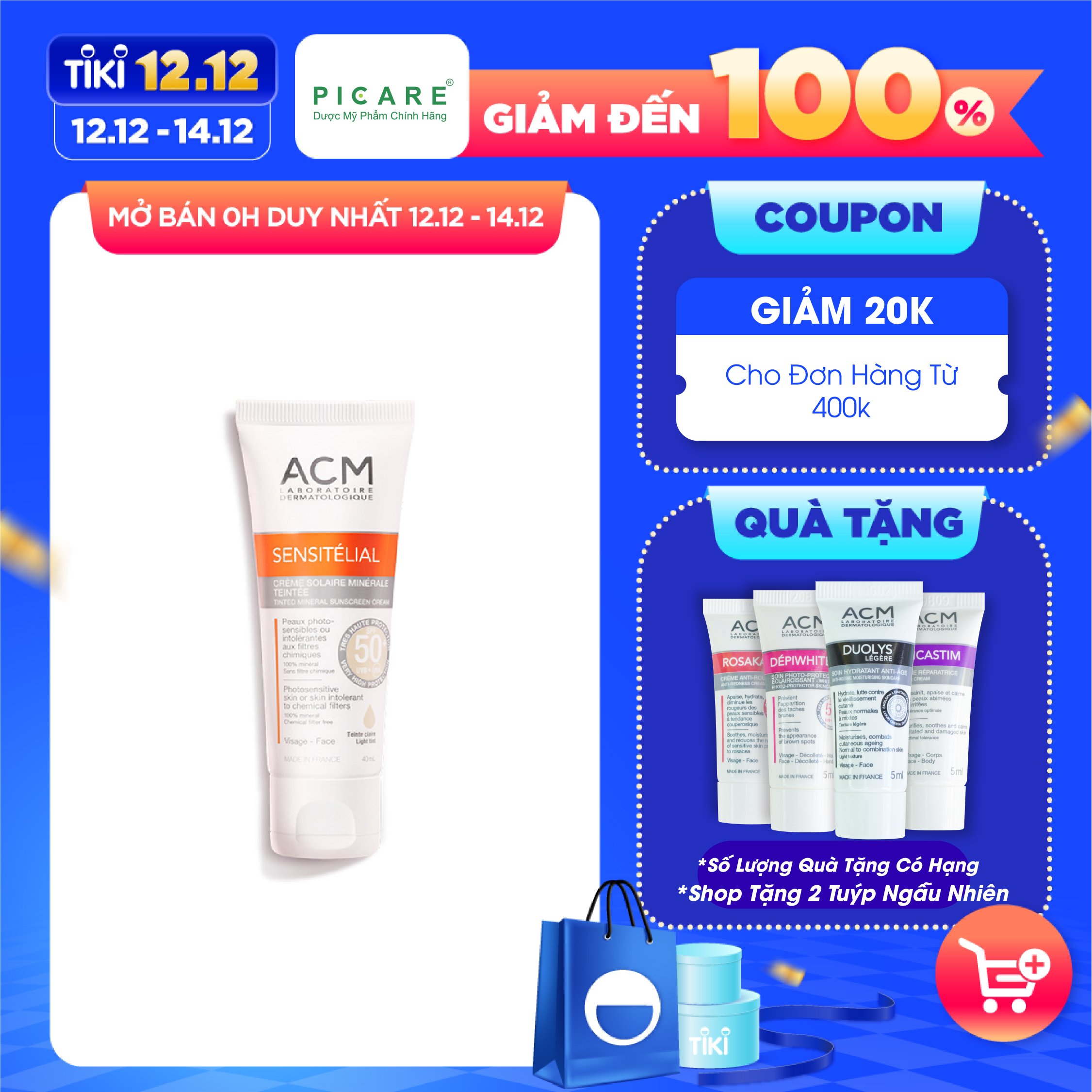 Kem Chống Nắng Che Khuyết Điểm Cho Mọi Loại Da ACM Sensitelial Tinted Mineral Sunscreen Cream SPF50+ 40ml (Có Màu)