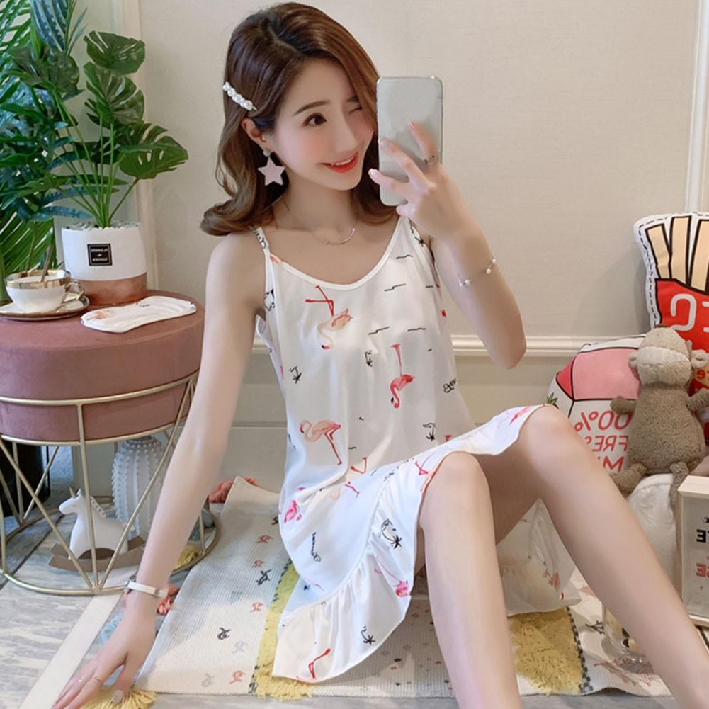 Đầm ngủ hai dây dáng rộng họa tiết in xinh xắn mùa hè cho nữ