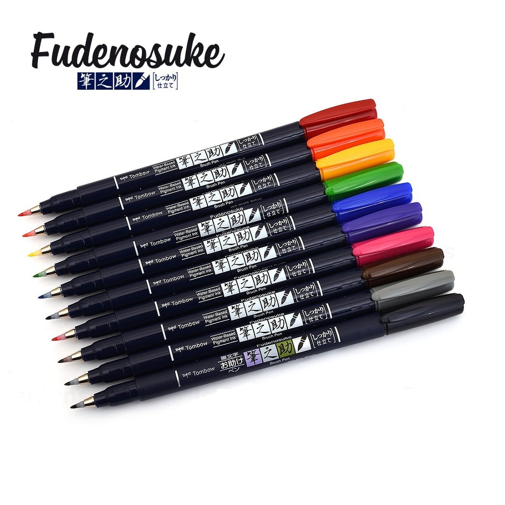 Bộ 10 Bút viết thư pháp TOMBOW FUDENOSUKE chuyên viết Hán tự Brush Lettering dòng màu sắc