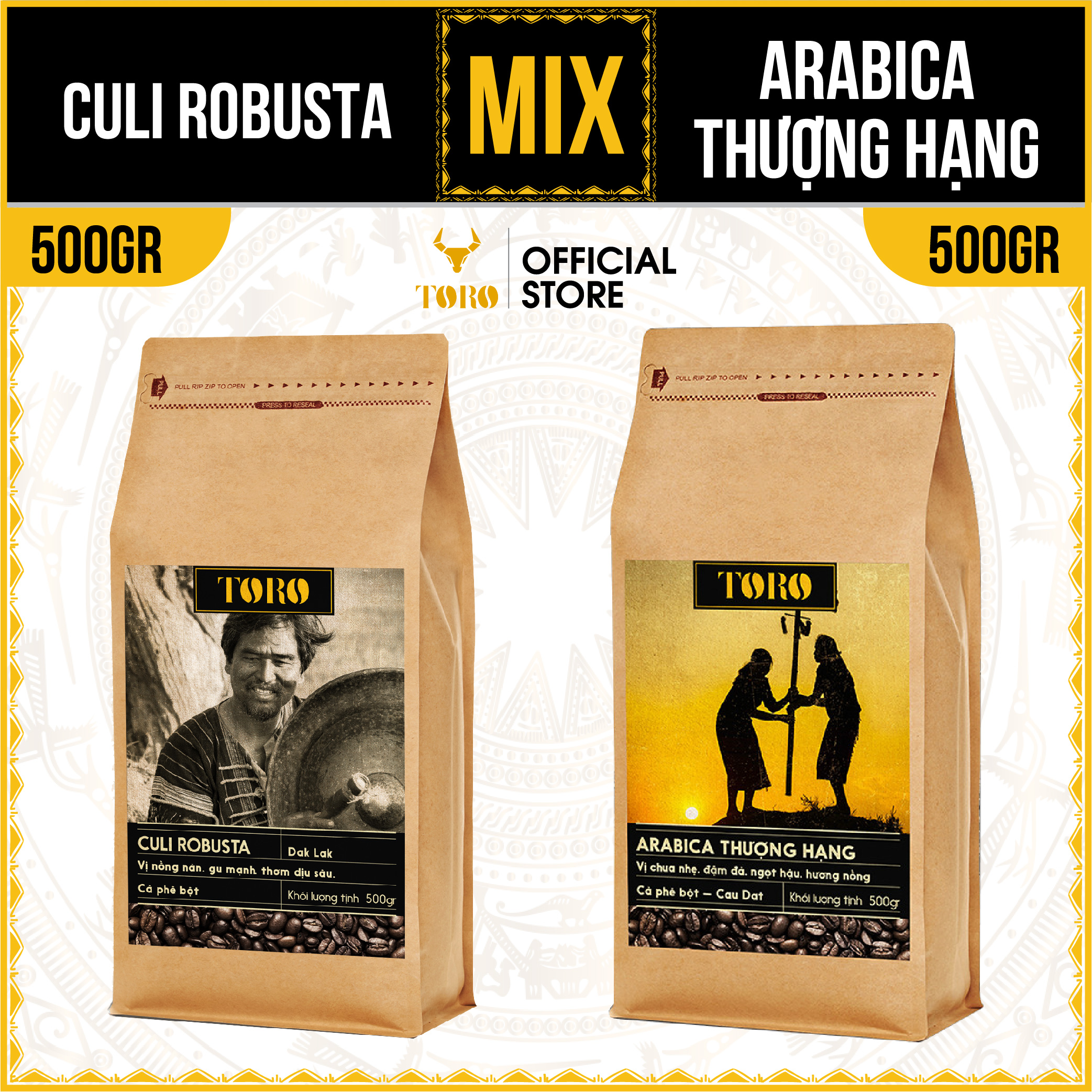 [1KG] Bộ Mix Cà Phê Bột Toro Arabica Thượng Hạng &amp; Toro Culi Robusta Nguyên Chất 100% | 500GR/Gói | TORO FARM