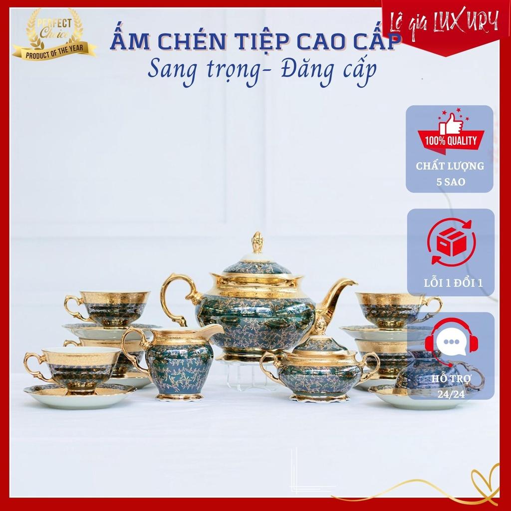 Bộ ấm chén trà mạ vàng TÂN CỔ ĐIỂN Châu Âu cao cấp họa tiết tinh tế sang trọng, Gốm Sứ Tiệp Khắc, Hàng nhập khẩu ACT8