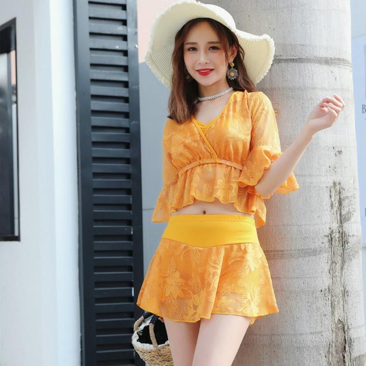 Bộ đồ bơi 3 mảnh bikini đẹp có đệm ngực gợi cảm với màu vàng cam nổi bậc