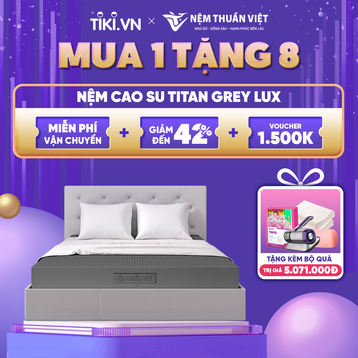 (1m6x2mx10cm) Nệm cao su than hoạt tính Thuần Việt Titan Grey - Miễn Phí Vận Chuyển, Bảo Hành 15 Năm, Trả Góp 0%