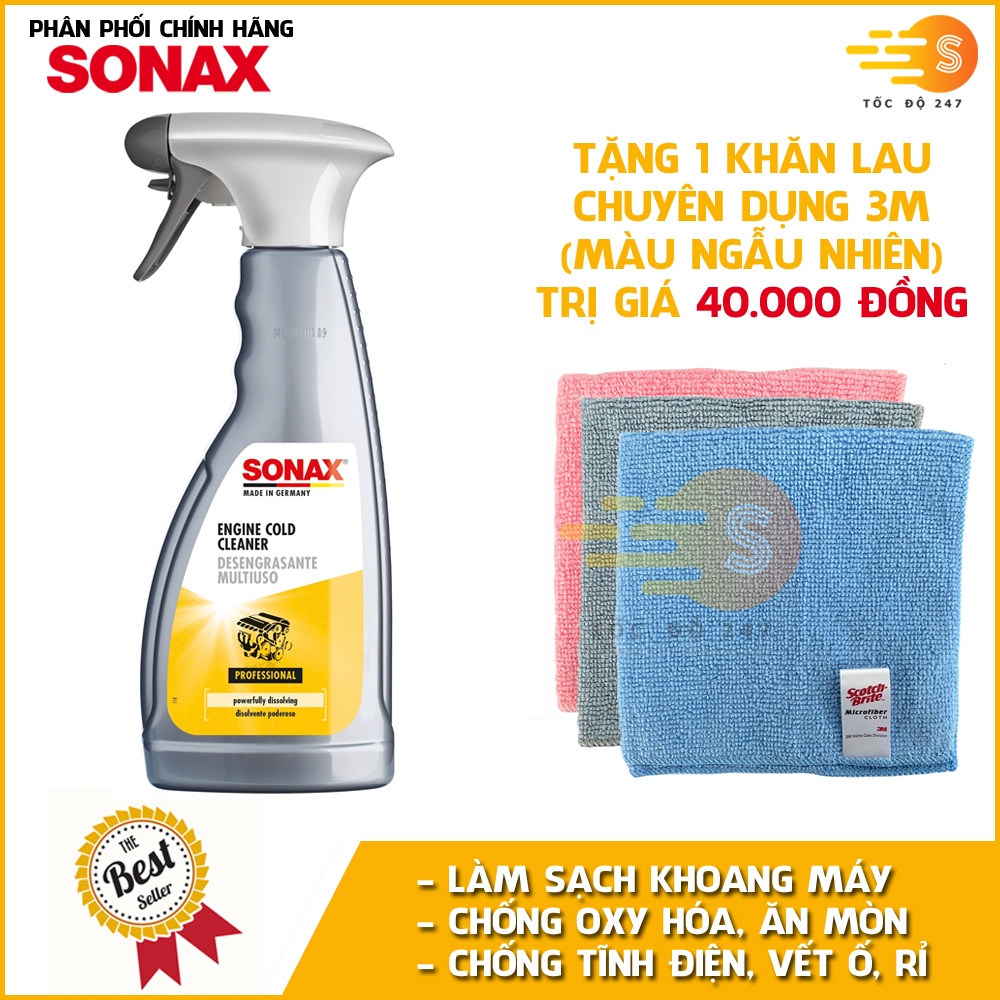 Chai xịt làm sạch bảo vệ khoang máy động cơ ô tô chuyên dụng Sonax 543200 500ml - tặng 1 khăn 3M màu ngẫu nhiên - Chống oxy hóa và ăn mòn, chống tĩnh điện, dùng được nhiều bề mặt, không để lại vết ố