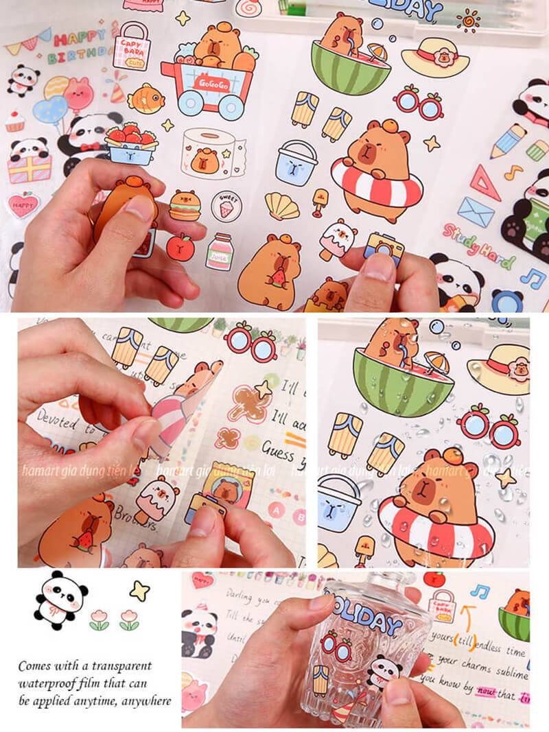 SET 6 Tờ 90 Nhãn Dán Sticker Thỏ Gấu Chuột PET Trong Suốt Cute Không Thấm Nước Trang Trí Dễ Thương - SET 6 Tờ Thỏ &amp; Gấu