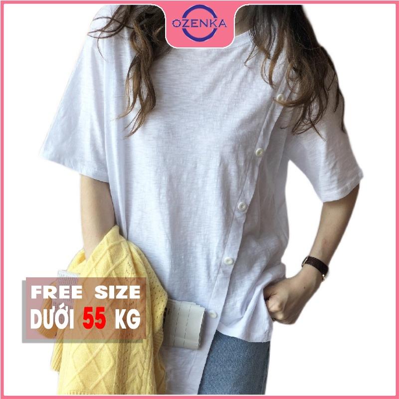 Áo thun rộng nữ tay ngắn cổ tròn sẻ tà, áo phông rộng phong cách hàn quốc 100% cotton màu đen trắng dưới 55 kg