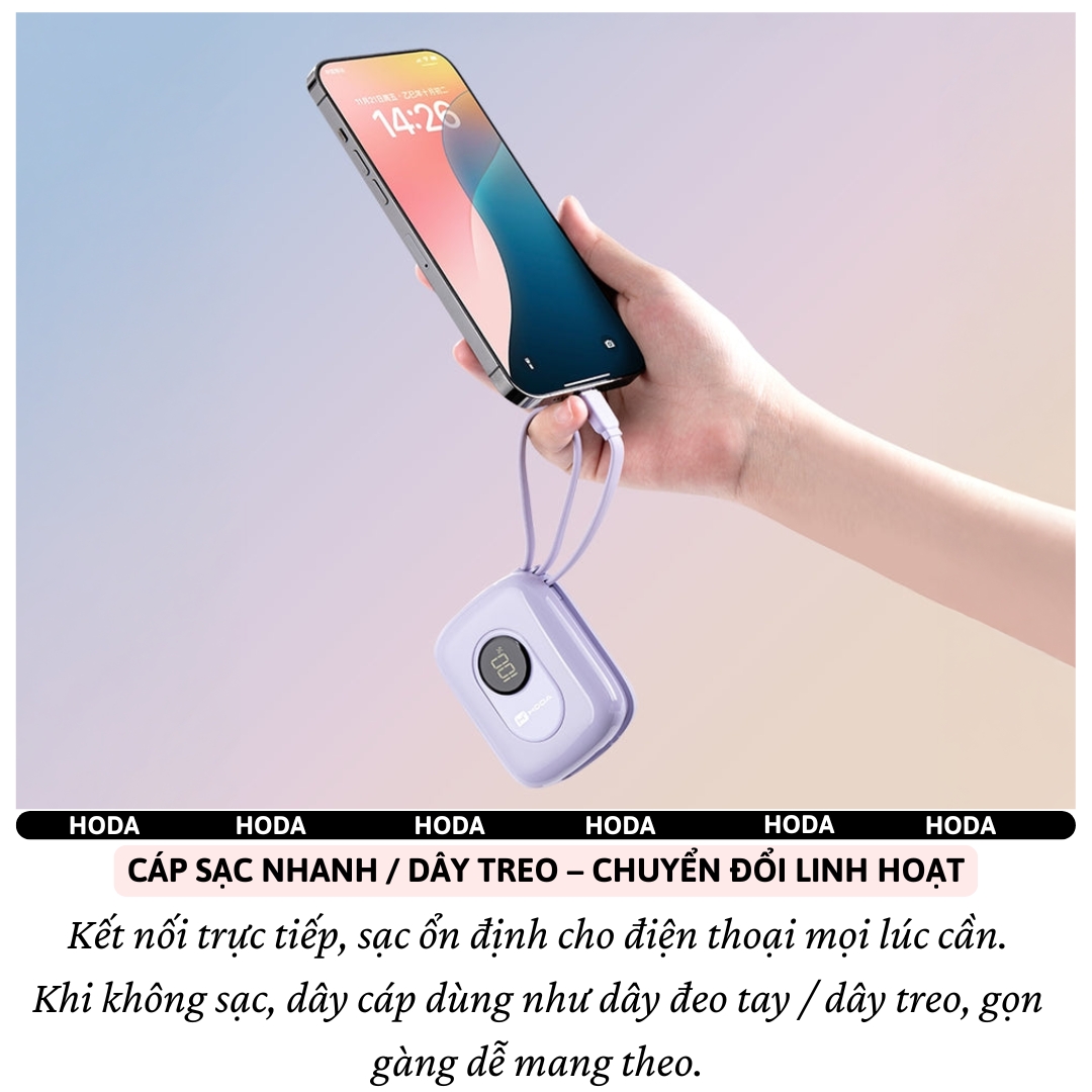 Pin sạc dự phòng sạc nhanh PD 22.5W 10.000mAh SafeCharge Multi-Protect Hoda Sạc 3 Thiết Bị, Tích Hợp Cáp Type-C &amp; L(iP) Sạc 3 Thiết Bị, 8 lớp bảo vệ an toàn – sạc mát, không hại pin - Hàng nhập khẩu