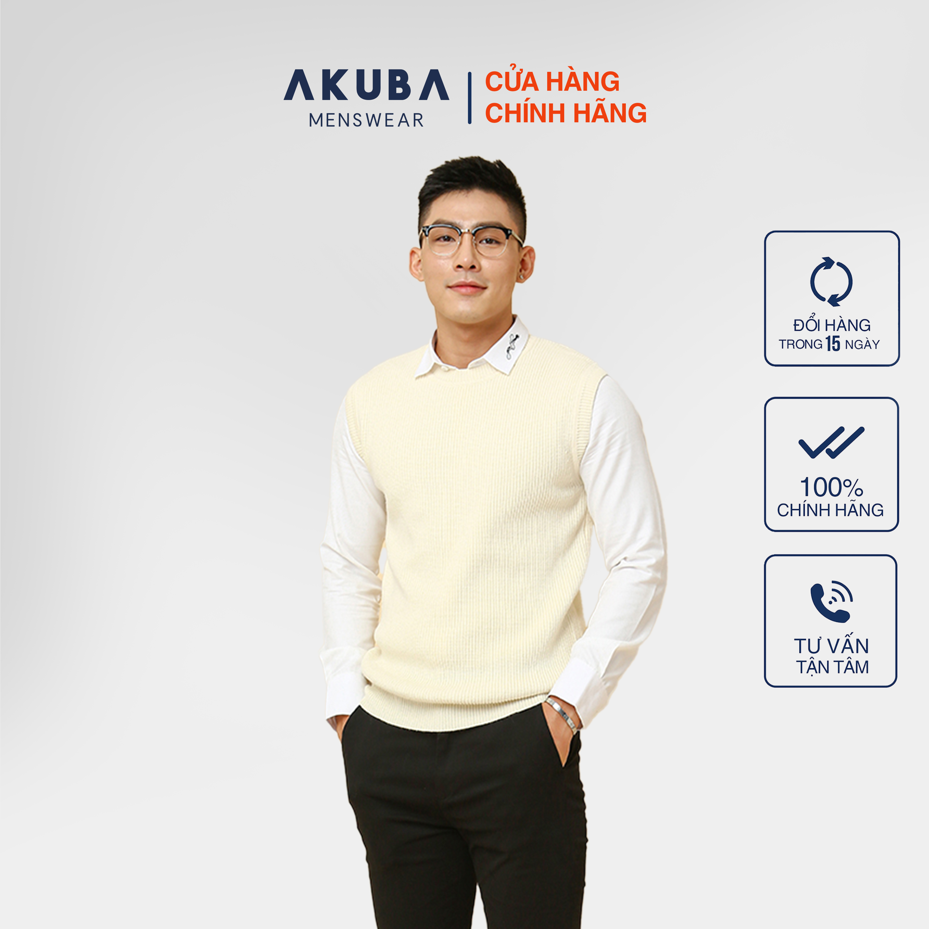 Áo gile len nam AKUBA form regular, chất liệu len dệt kim 029057