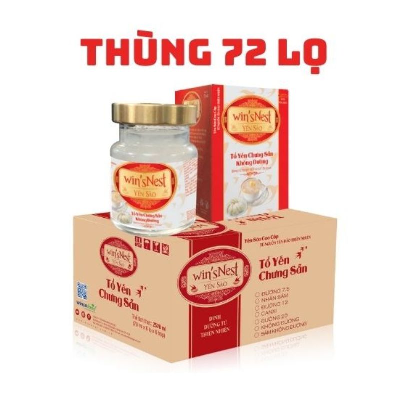 THÙNG 72 LỌ YẾN SÀO WIN'SNEST TỔ YẾN CHƯNG SẴN KHÔNG ĐƯỜNG 20% (70ML/LỌ)