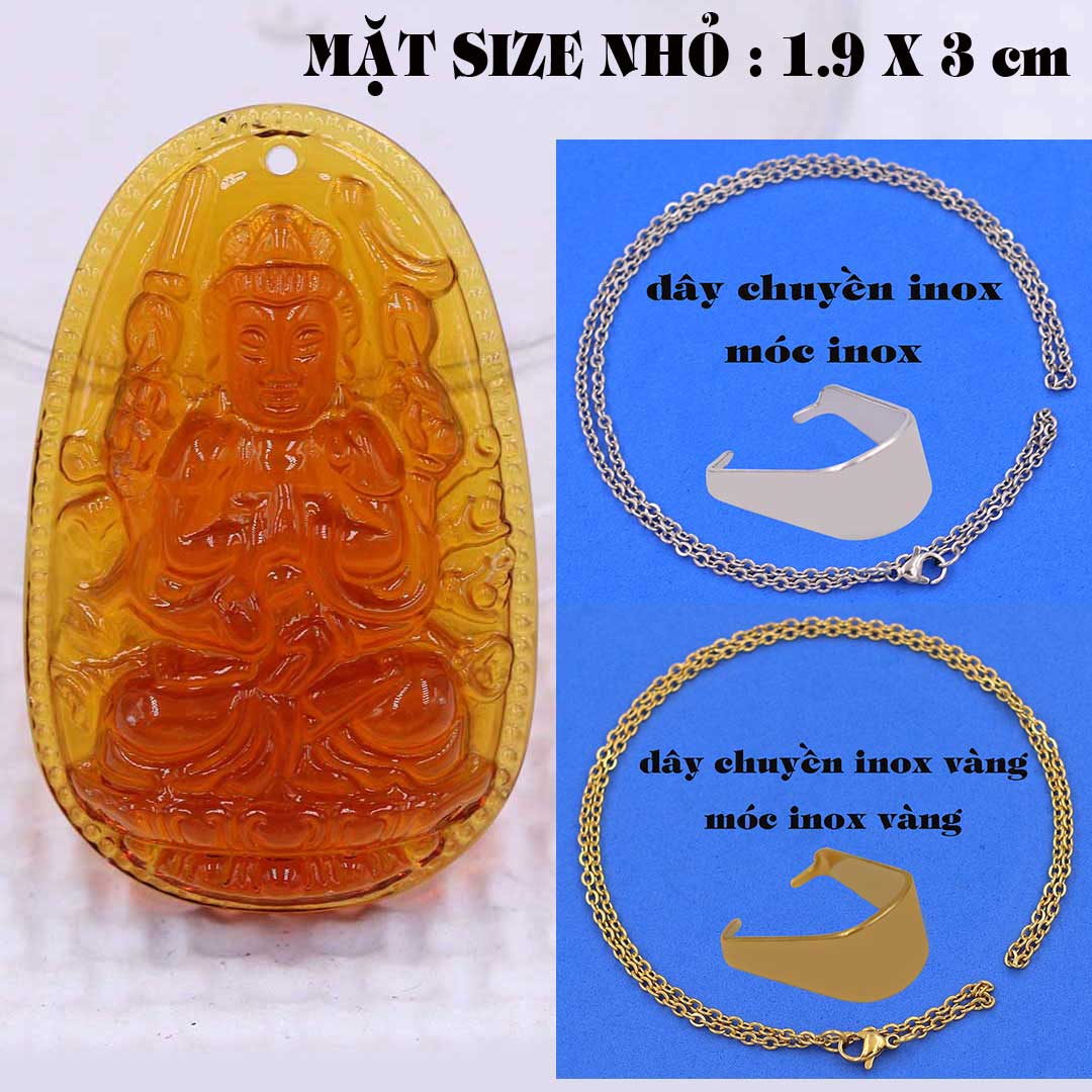 Mặt Phật Quan âm nghìn tay nghìn mắt pha lê cam 1.9cm x 3cm  kèm vòng cổ dây chuyền inox vàng + móc inox vàng, Mặt Phật Quan âm