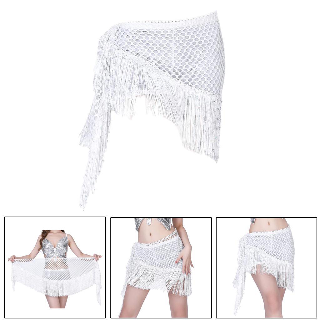 Sequins Belly Dance Hip  Tassel Mesh  Dancewear White