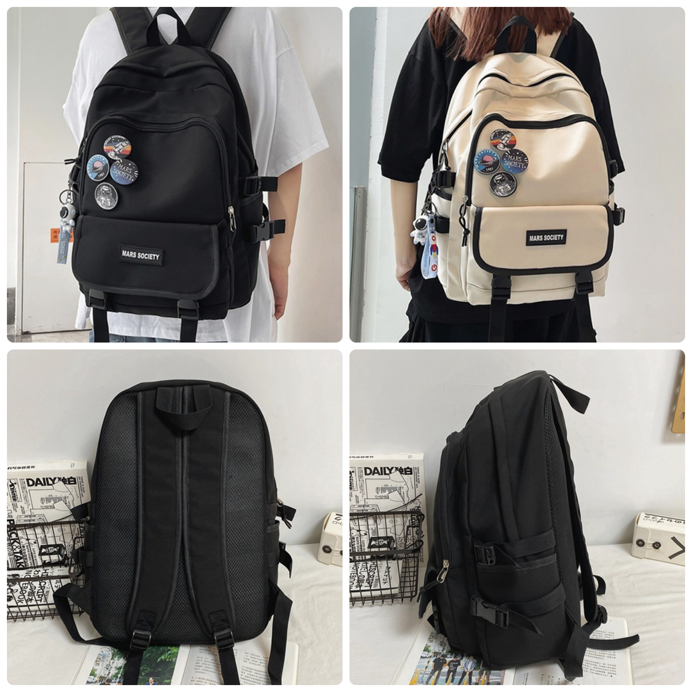 Balo đi học unisex Hàn Quốc màu trơn cỡ lớn Mars Society nhiều ngăn chống nước đựng laptop to đi làm đi chơi cho nam nữ