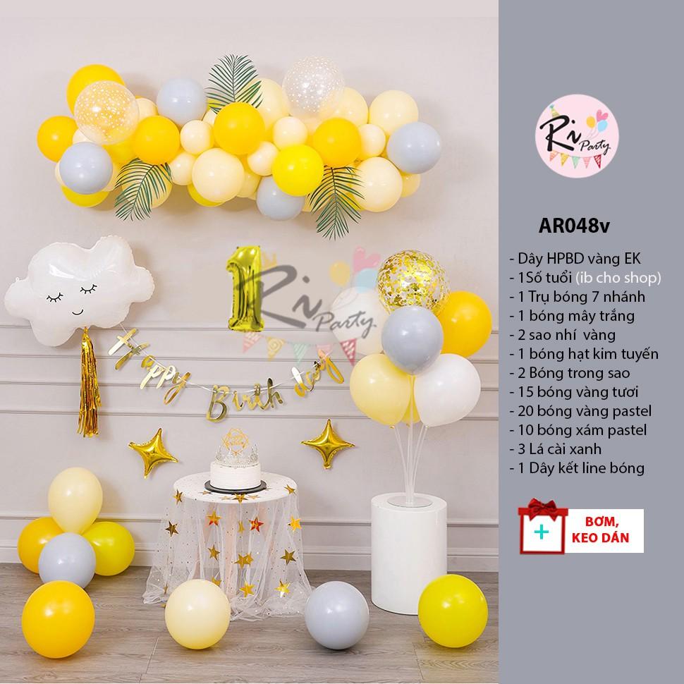 Set bóng trang trí sinh nhật Happy Birthday, tông Vàng, Hồng San hô, XAnh lad , Xanh dương