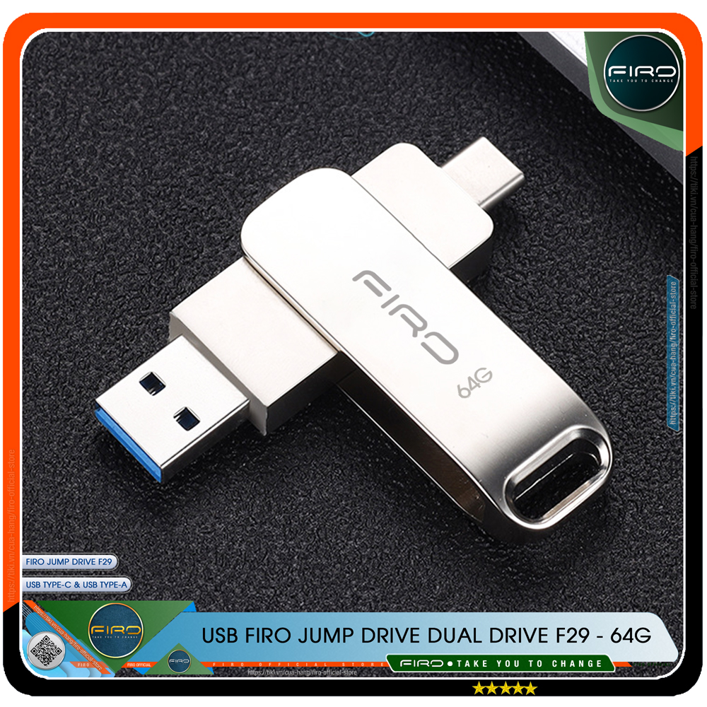 USB FIRO Jump Drive Dual Drive F29 - USB 3.1 32GB / 64GB Đầu Nối Kép Với 2 Cổng USB Type-C Và USB Type-A - Tương Thích MAC / PC Chuẩn Giao Tiếp USB 3.0 Và 2.0 - Tốc Độ Đọc 130Mb/s- Hàng Chính Hãng
