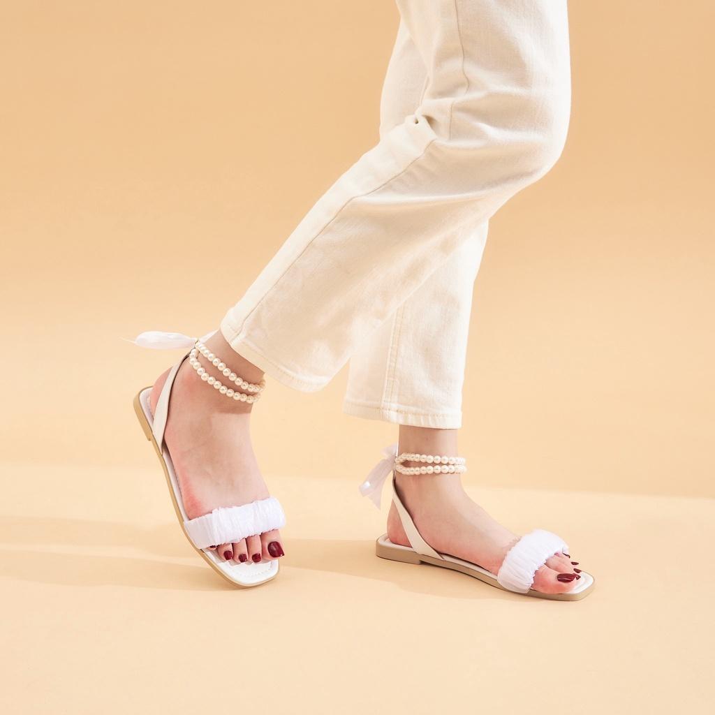 Giày sandal nữ MWC 2985 - Sandal Quai Ngang Nhún Cách Điệu Phối Quai Hậu Kết Ngọc Nữ Tính Thời Trang