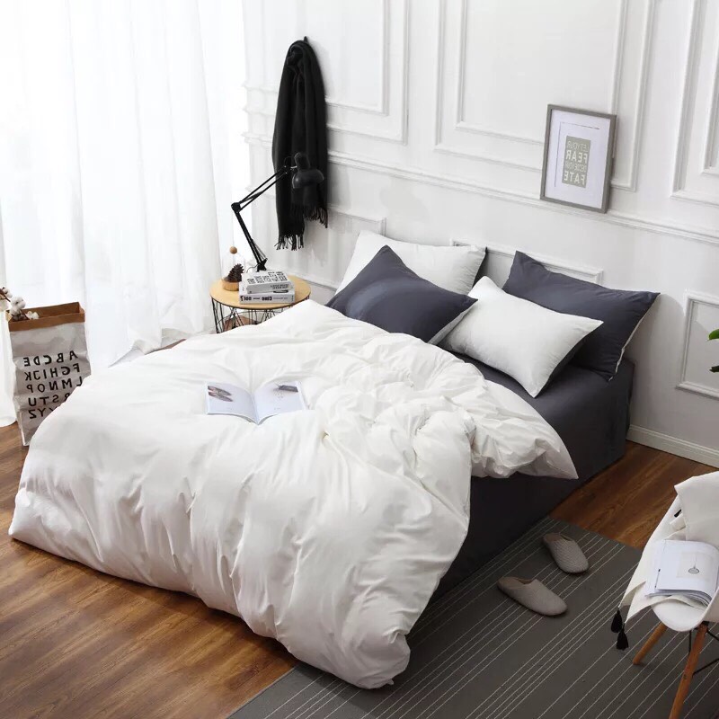 Bộ Chăn Ga Gối Cottong PL Trắng Mix xám