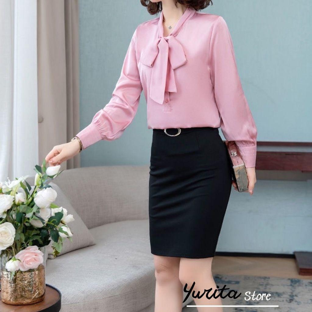 Áo Sơ Mi Kiểu Công Sở Đẹp YURITA Tay Dài Cổ Thắt Nơ Màu Hồng Chất Lụa Cao Cấp From Rộng Hàn Quốc Ulzzang Vintage A1H