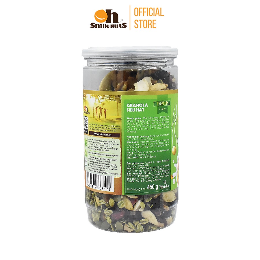 Granola ăn kiêng Siêu Hạt Smilenuts vị Matcha hủ 450g - Gồm Hạnh Nhân bóc vỏ, Nho khô, Óc Chó, Yến Mạch, Hạt điều, Nhân bí xanh và Mật ong _ Ngũ cốc ăn kiêng Siêu hạt vị Matcha